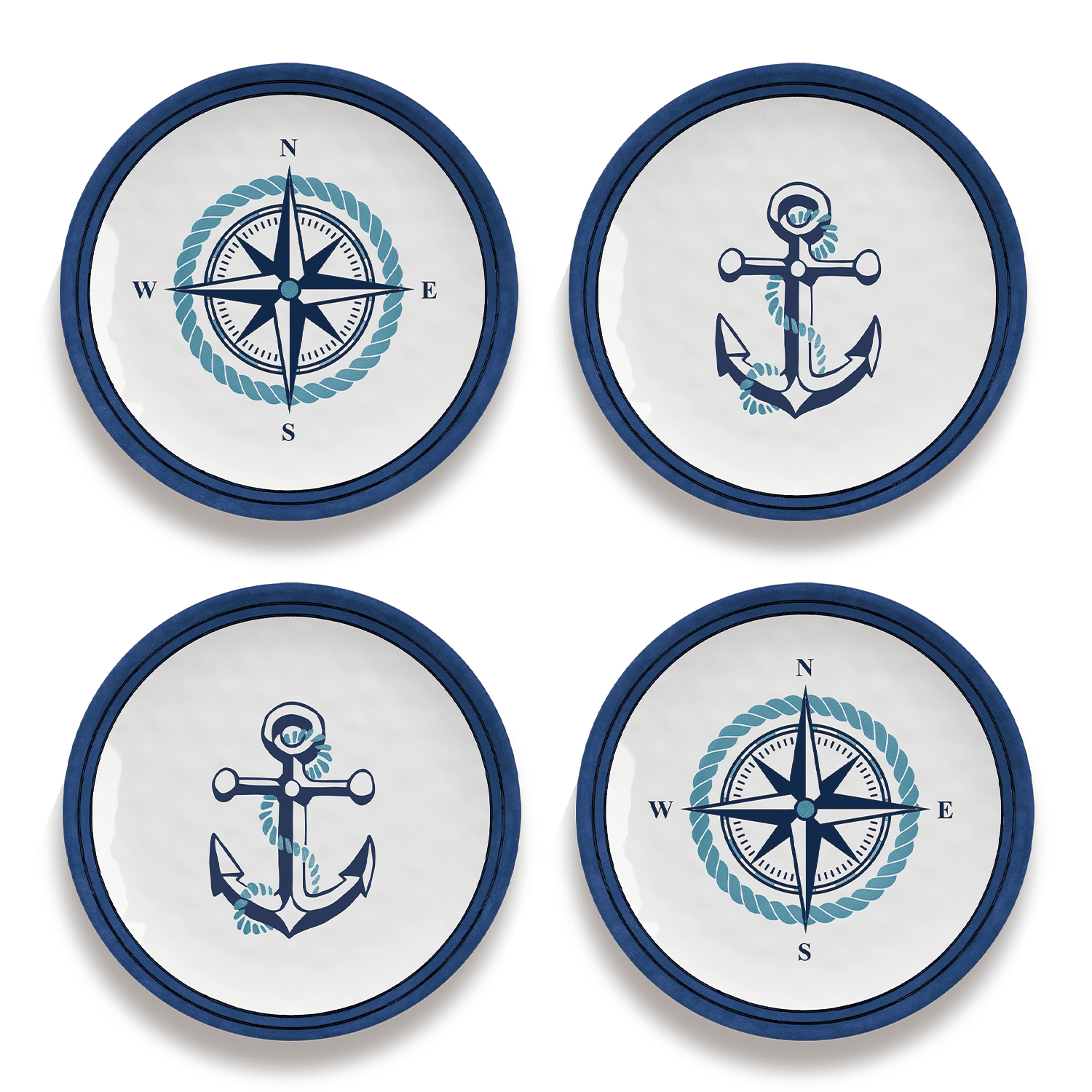 Nautical Anchor Serveware,100% Melamine,BPA free,Food Safe: Assorted Appetizer Plate, Set of 4, 6.8"