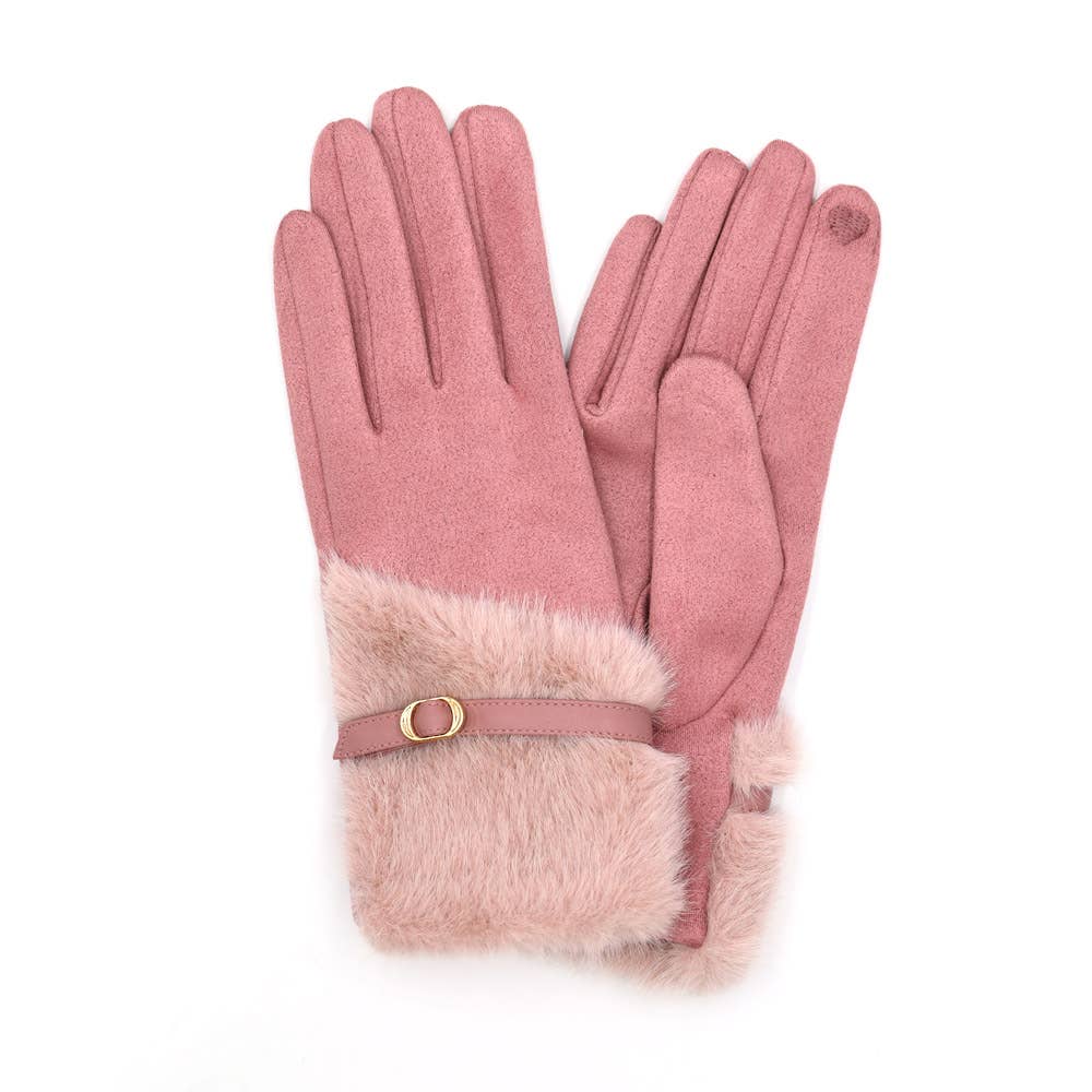 Faux Fur And Strap Cuff Smart Touch Gloves: Pink