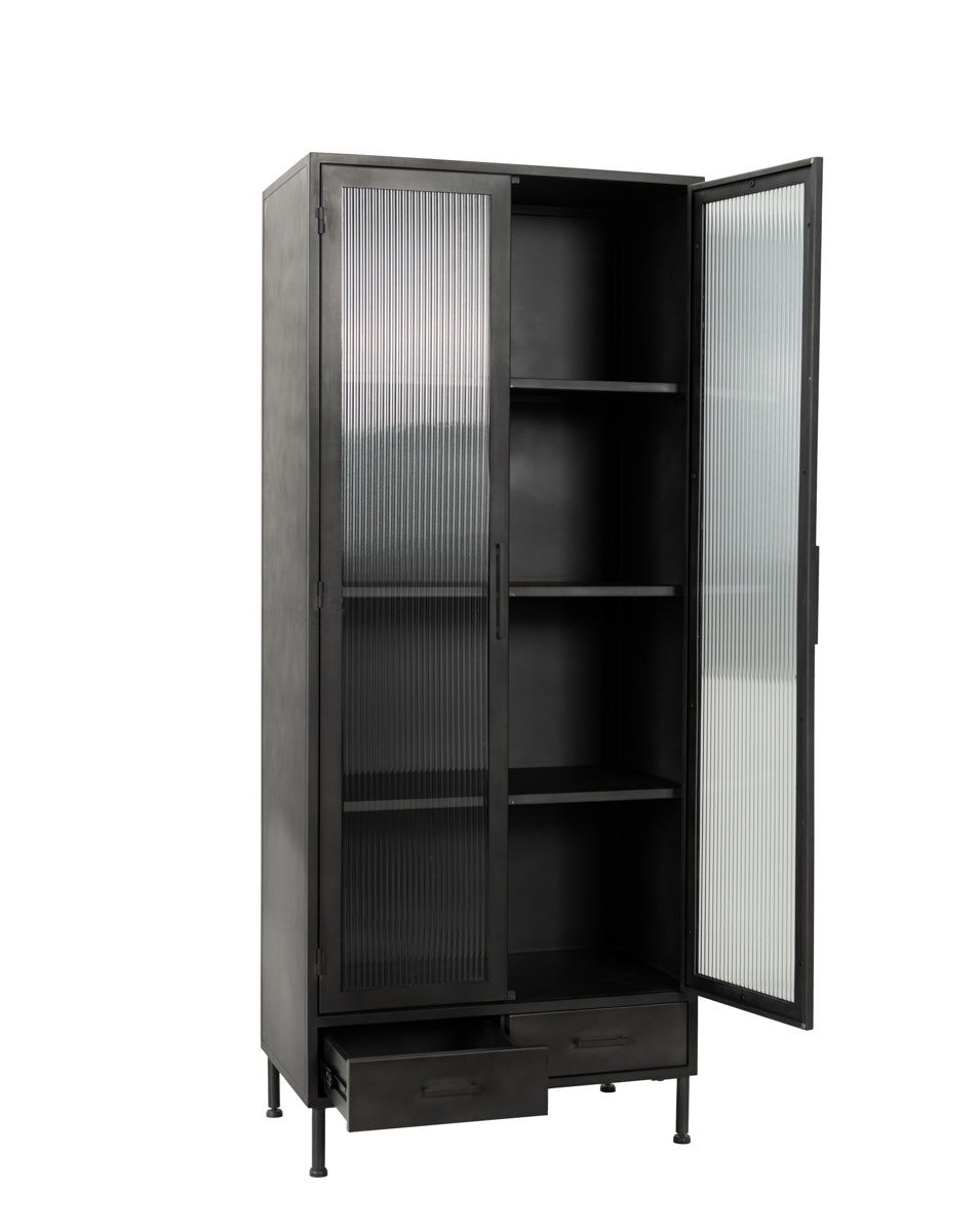 Nore - Metal/Glass 2 Door 2 Drawers Tall Cabinet - Black