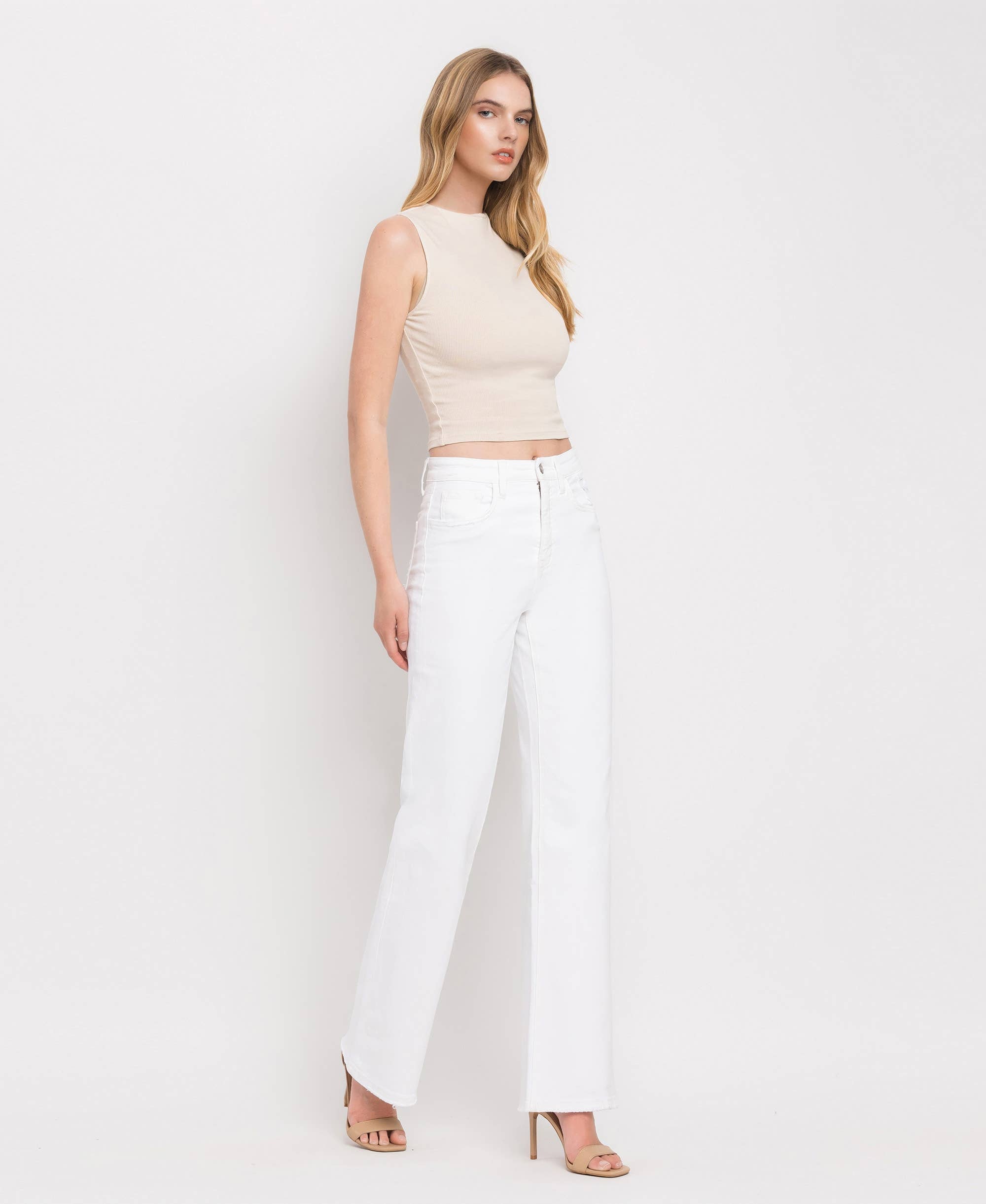 90'S VINTAGE TUMMY CONTROL SUPER HIGH FLARE JEANS V3212WH: OPTIC WHITE / 27