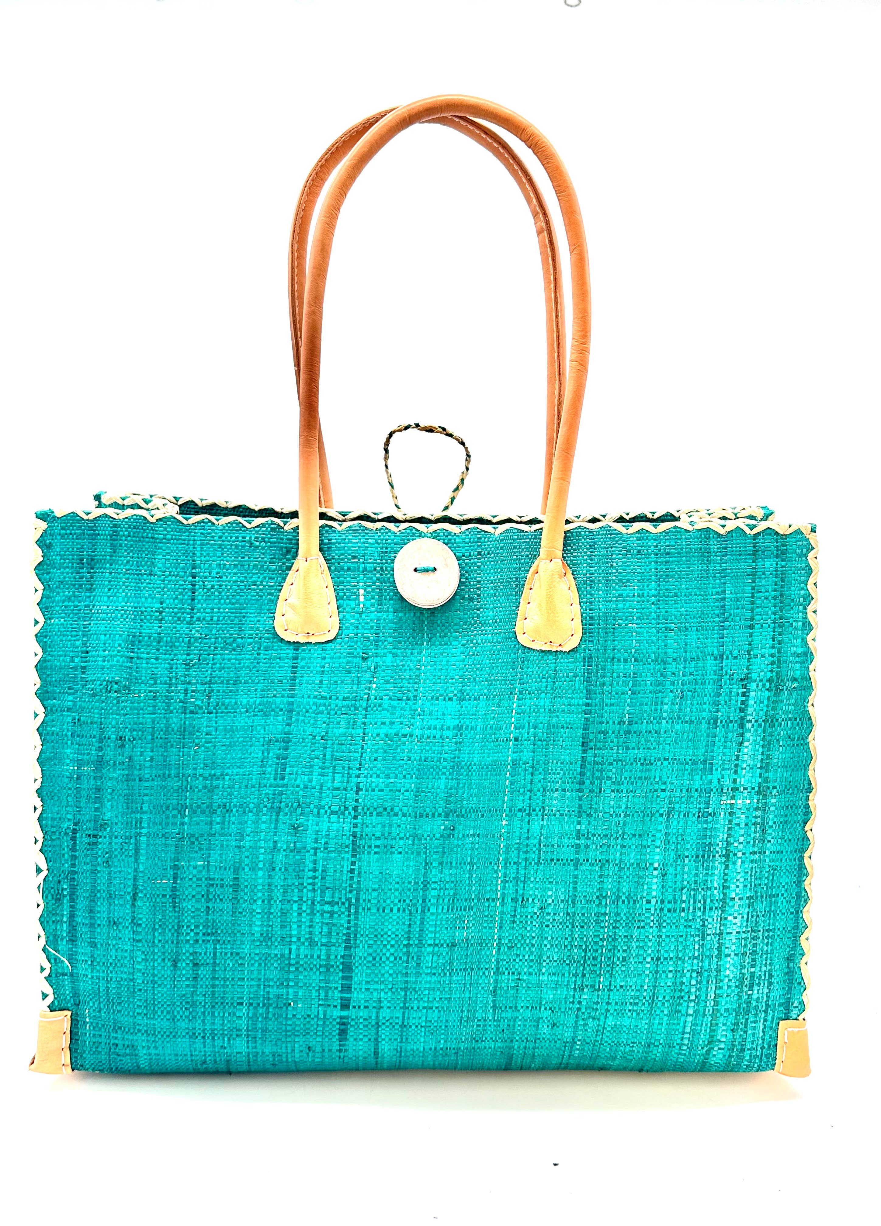 Zafran Solid Straw Beach Bag with Plastic Liner - 2 Sizes: Large / Fuschia