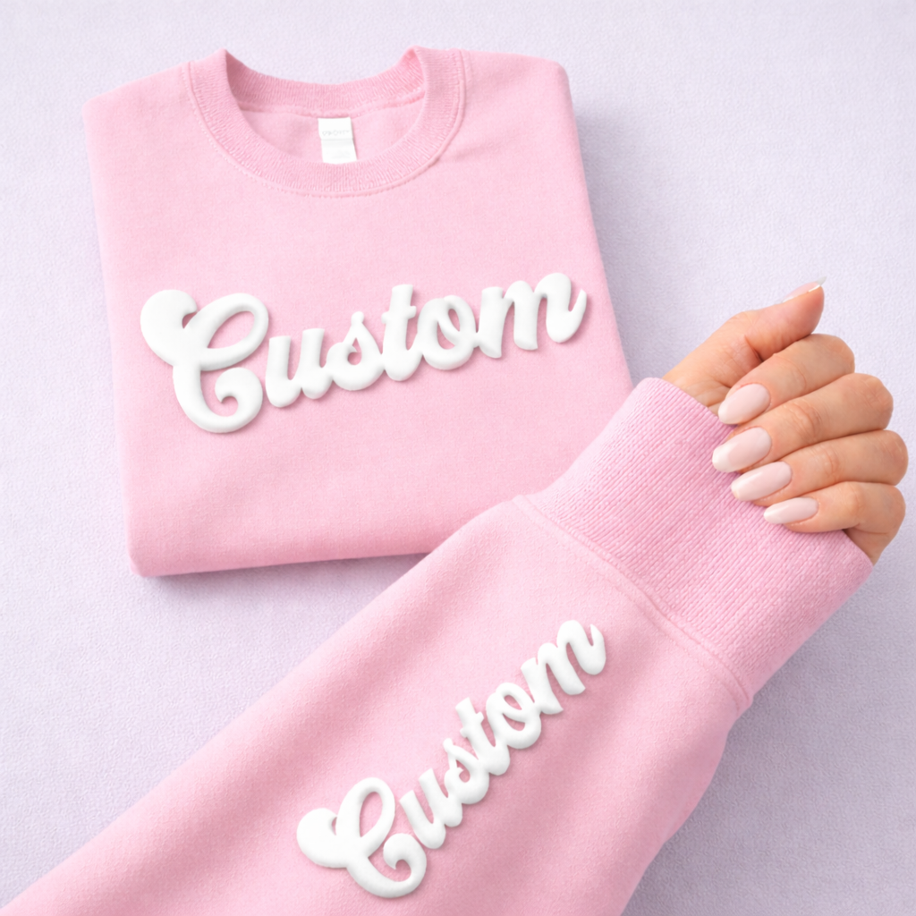 CUSTOM Wrist Sleeve & Front Puff Print Unisex Sweatshirt: Black / White / 2XL