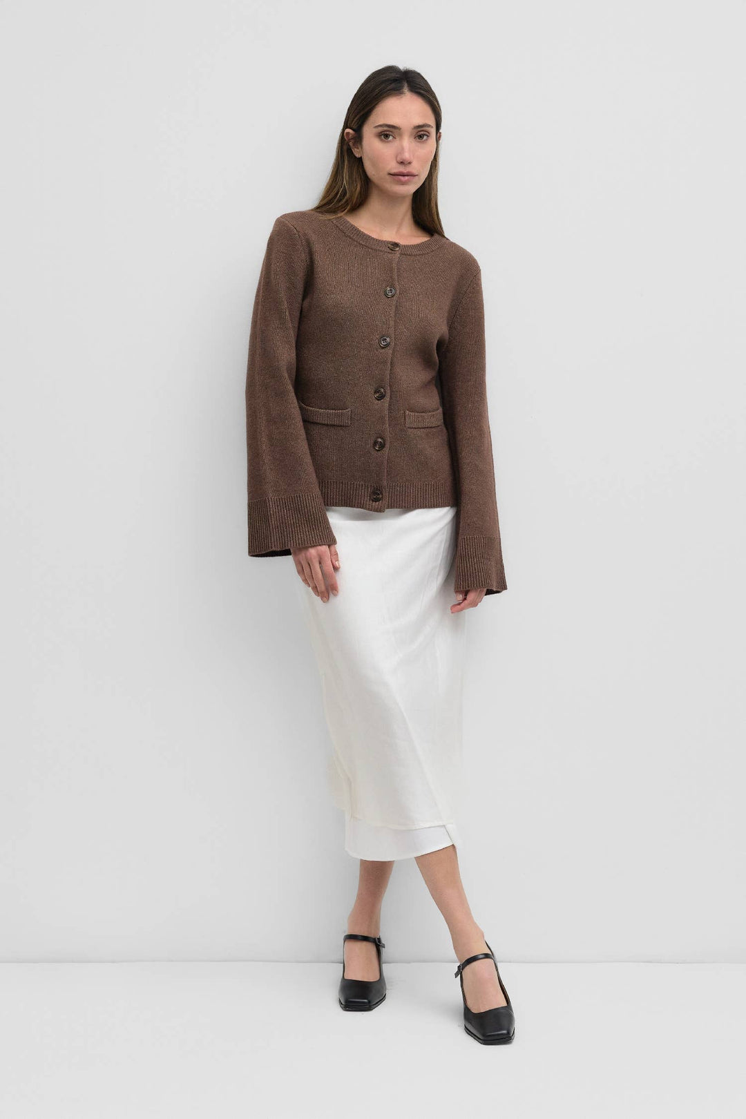 The Tyler Cardigan | Bell Sleeve Buttoned Cardigan: CHESTNUT BROWN / SMALL