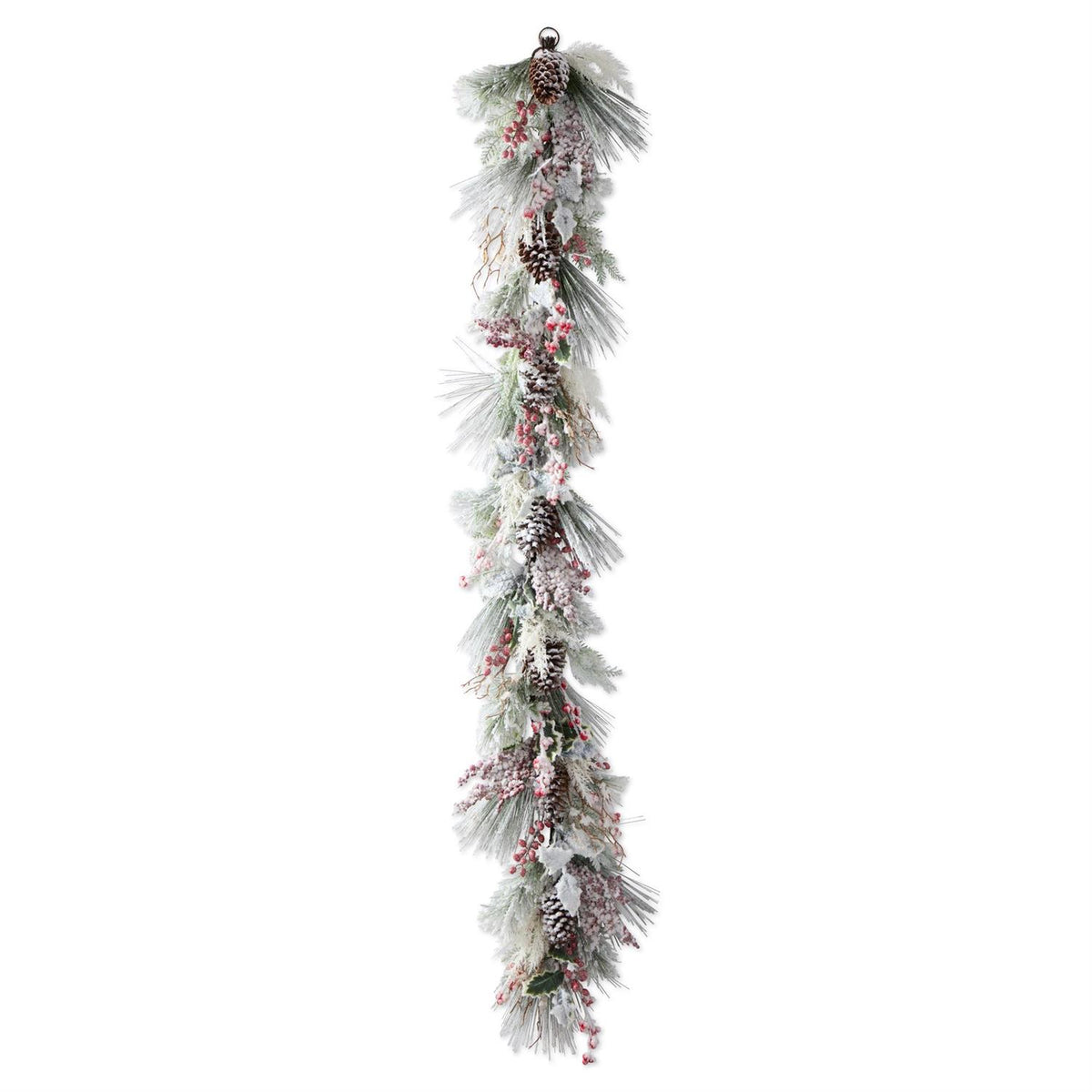 SNOWY PINE GARLAND W/PINECONES & RED BERRIES 72"
