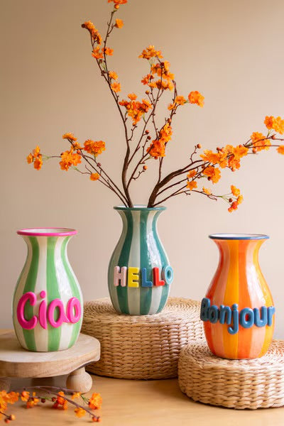 CERAMIC “HELLO” VASES, SET OF 3