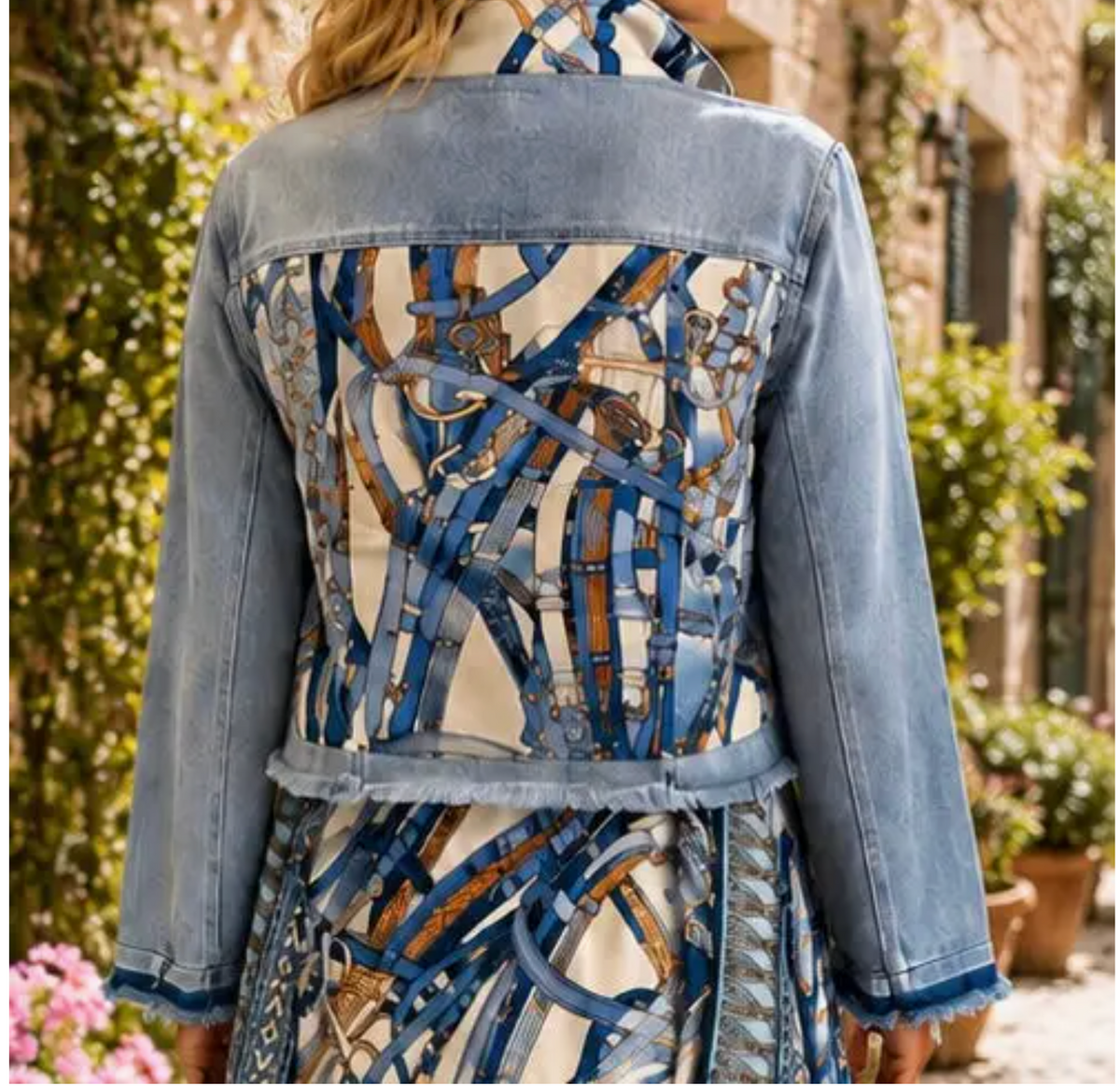 DENIM JACKET W//BLUE BUCKLES