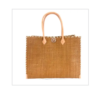 Zafran Solid Straw Beach Bag with Plastic Liner - 2 Sizes: Large / TOBACCO