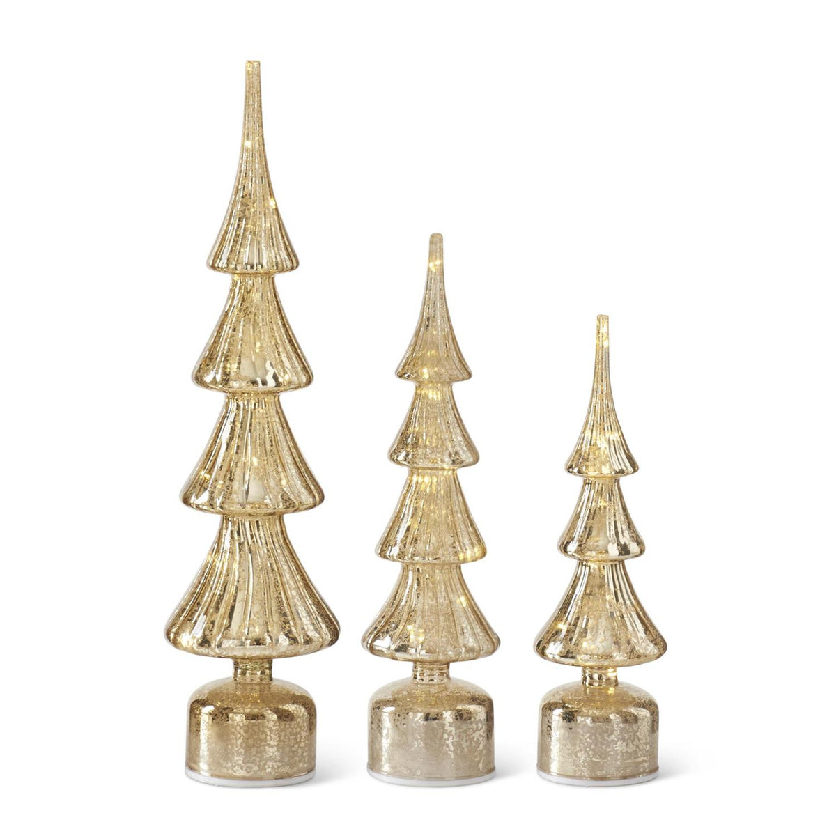 ROTATING RIBBED GOLD MERCURY GLASS LED TREE W/TIMER 13.5"