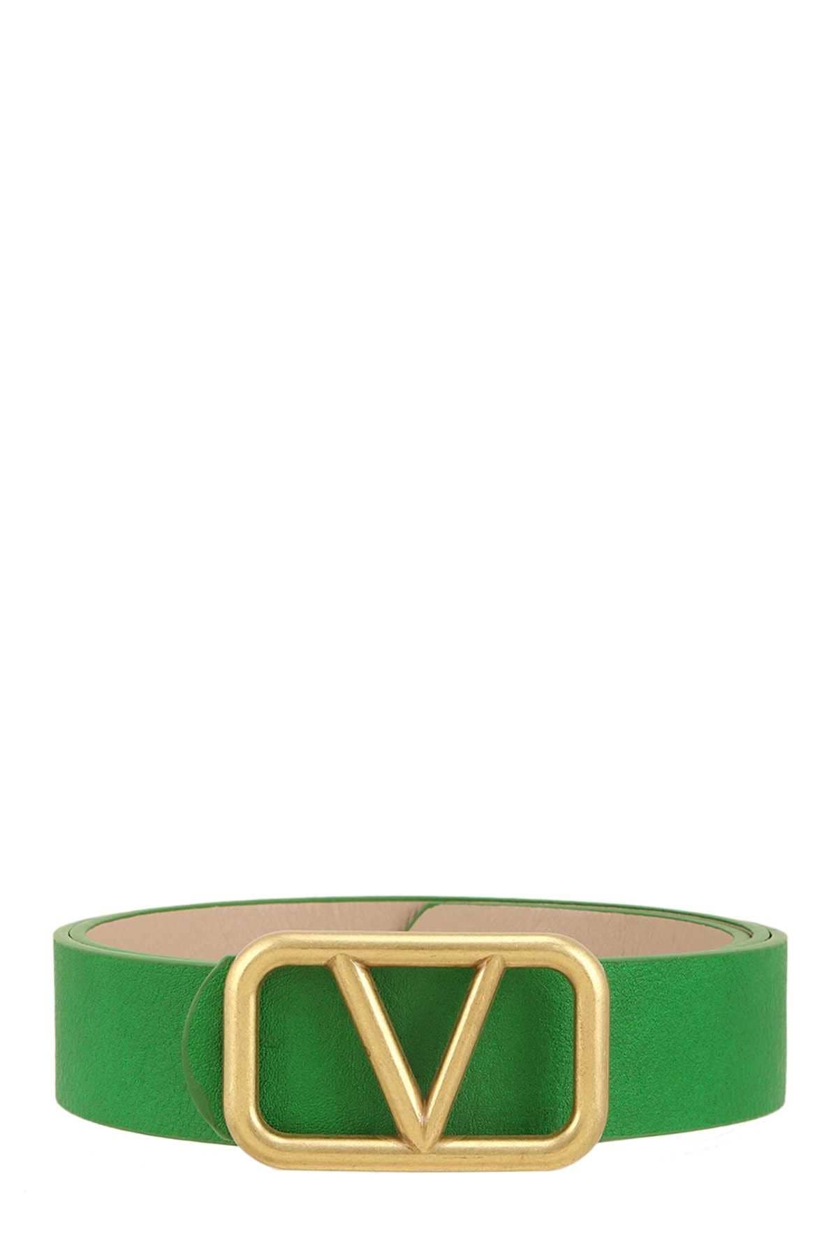 METAL V BUCKLE LEATHER BELT: Green