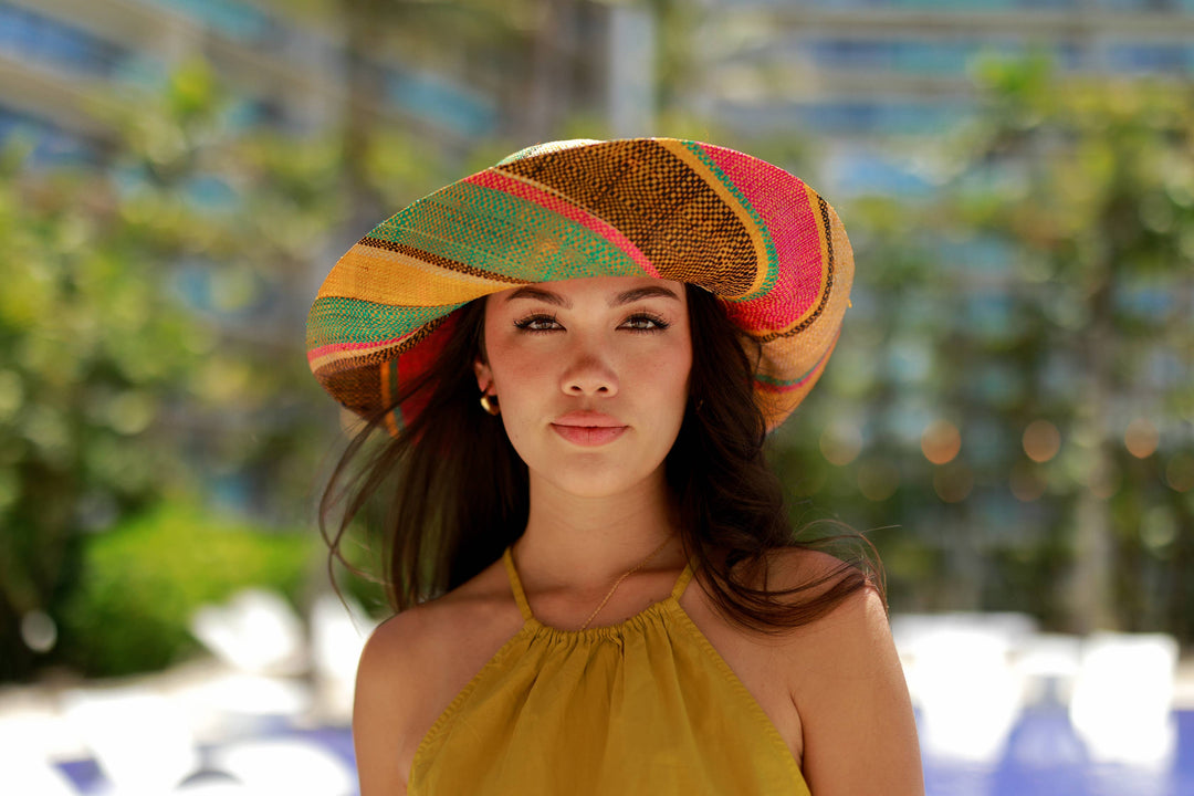 Sun Hats: Colored Stripes Packable 5" & 7" Brim Raffia Straw: 5" Brim / Carmalita Stripes