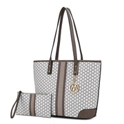 Arya Vegan Leather Women’s Tote Bag with Wristlet Pouch 2 pc: White-Grey