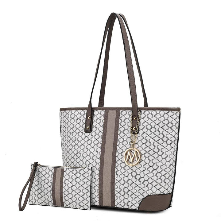 Arya Vegan Leather Women’s Tote Bag with Wristlet Pouch 2 pc: White-Grey