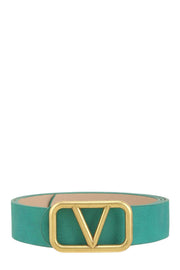 METAL V BUCKLE LEATHER BELT: Turquoise