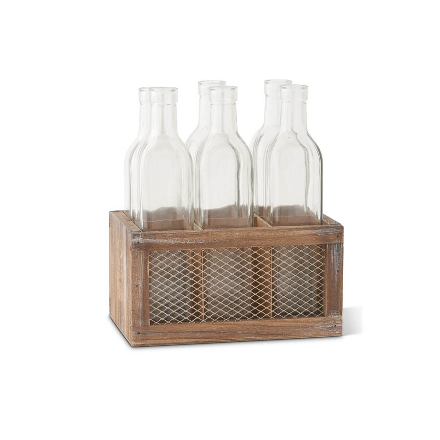 WOODEN CRATE W/ METAL MESH AND 6 10.5” BOTTLES GLASSK