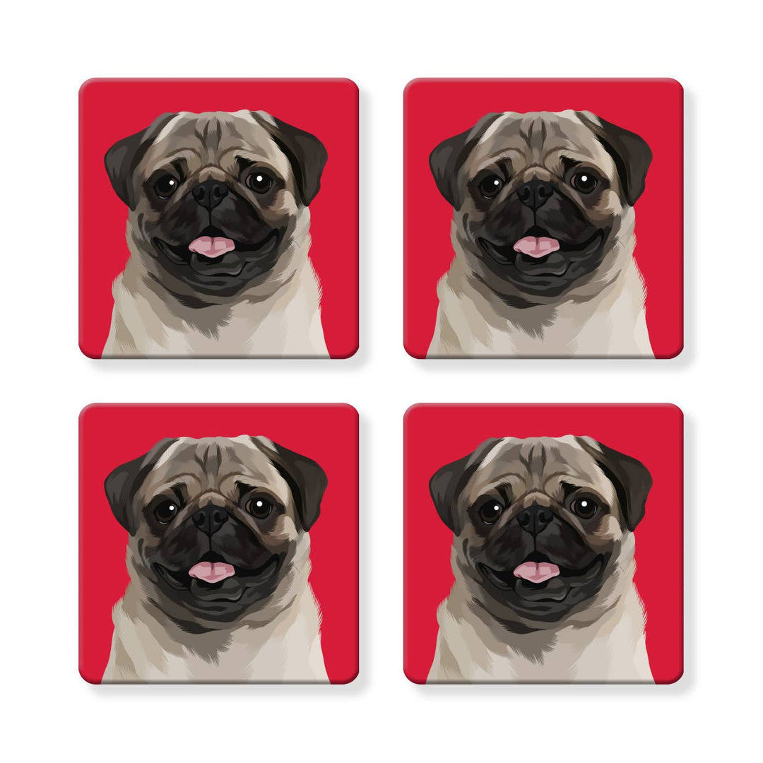 Set of 4 MDF Coasters - Pug