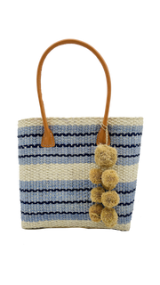 Imperial Sisal Basket Bag with Waterfall Pompoms- 2 sizes: Blue Stripes / Small