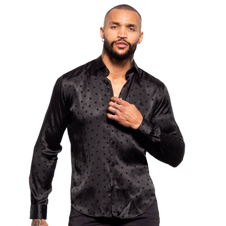 Hearts Jacquard Button Down Shirt - Black: BLACK / 2XL