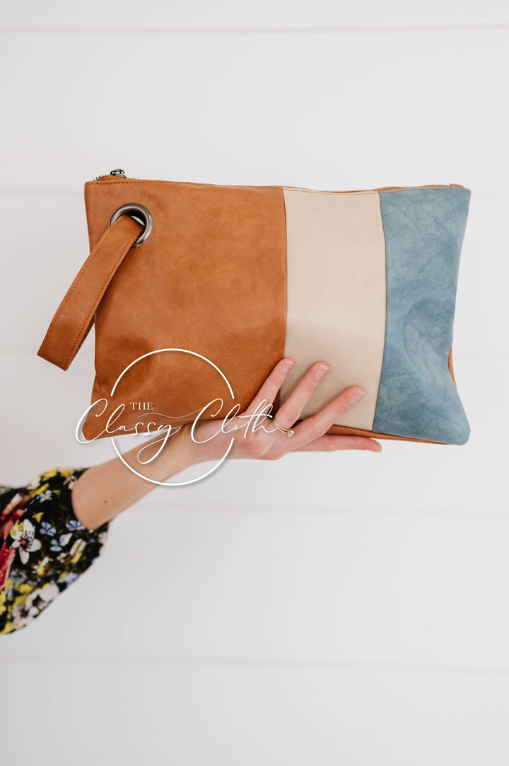 Trendy Clutch - Colorblock Tan/Cream/Blue RTS