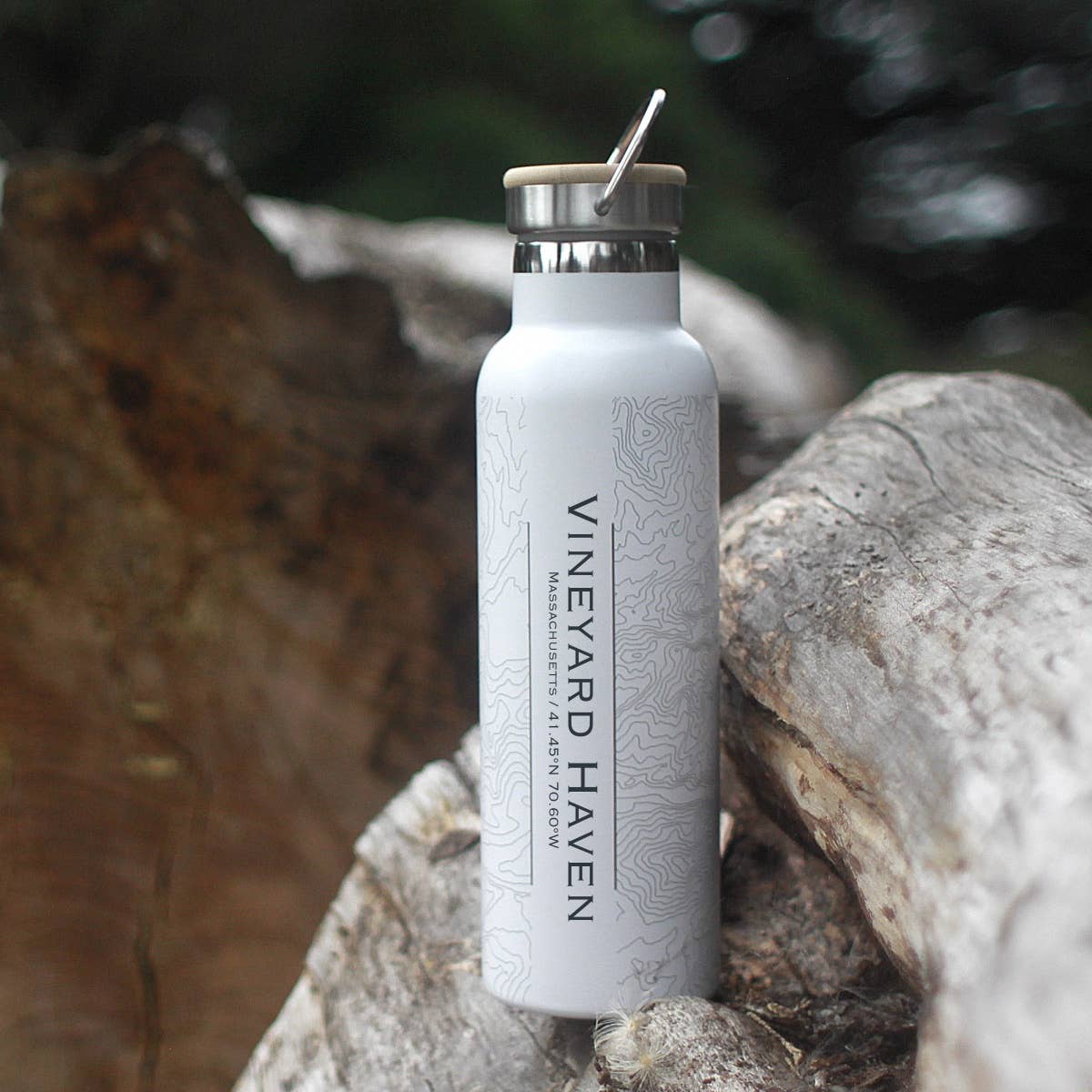 Vineyard Haven MA Map Bottle with Bamboo Top in Matte White