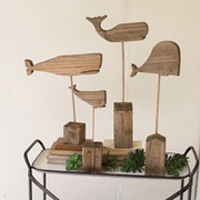RECYCLED WOODEN WHALE ON STAND SMALL