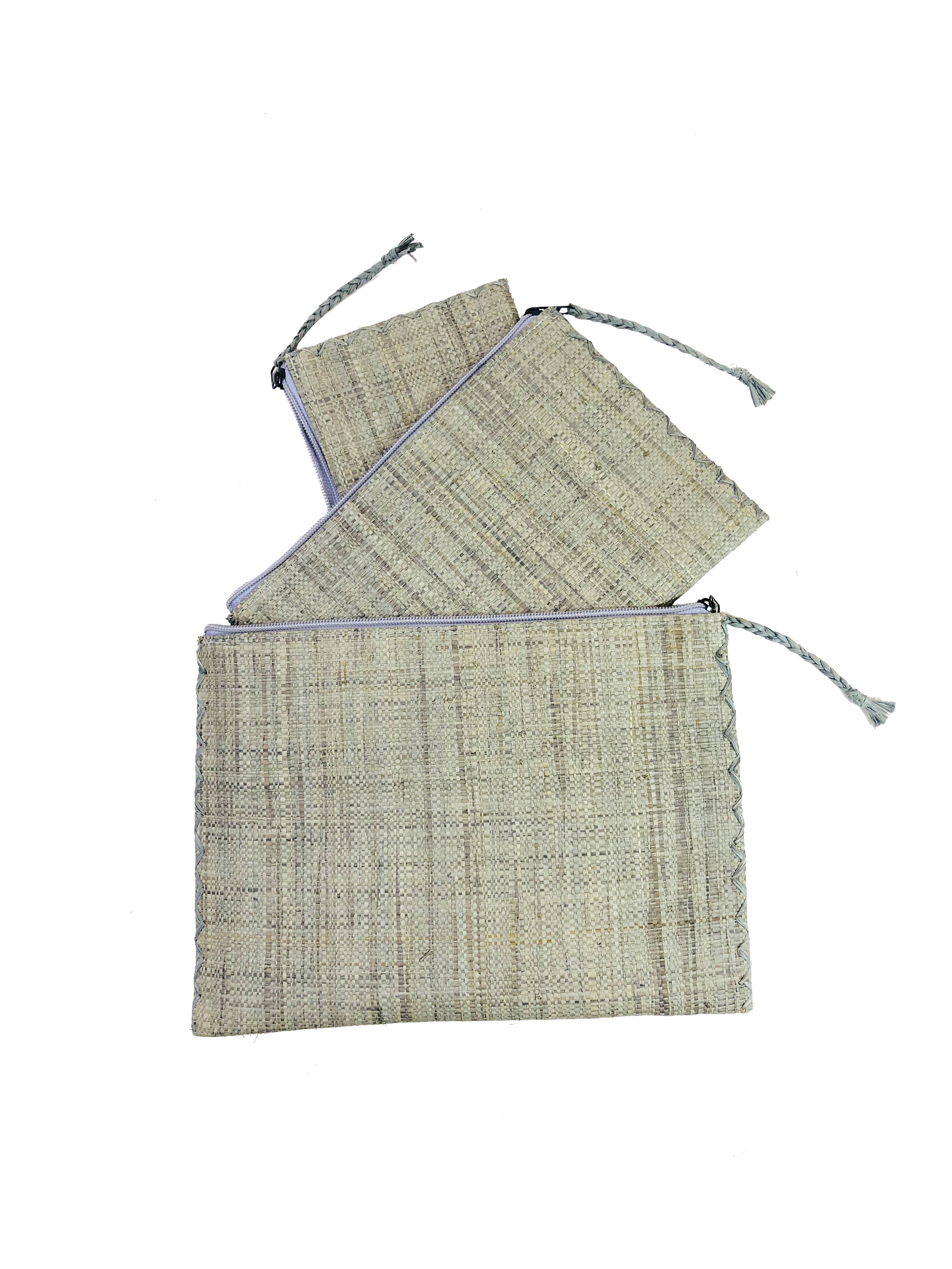 Set of 3 Nesting Zippered Straw Clutches Solid Colors: Solid / Grey