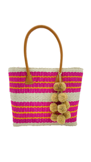 Imperial Sisal Basket Bag with Waterfall Pompoms- 2 sizes: Fuschia / Small