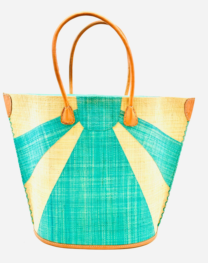 Sunburst Large Straw Tote Bag: Seafoam