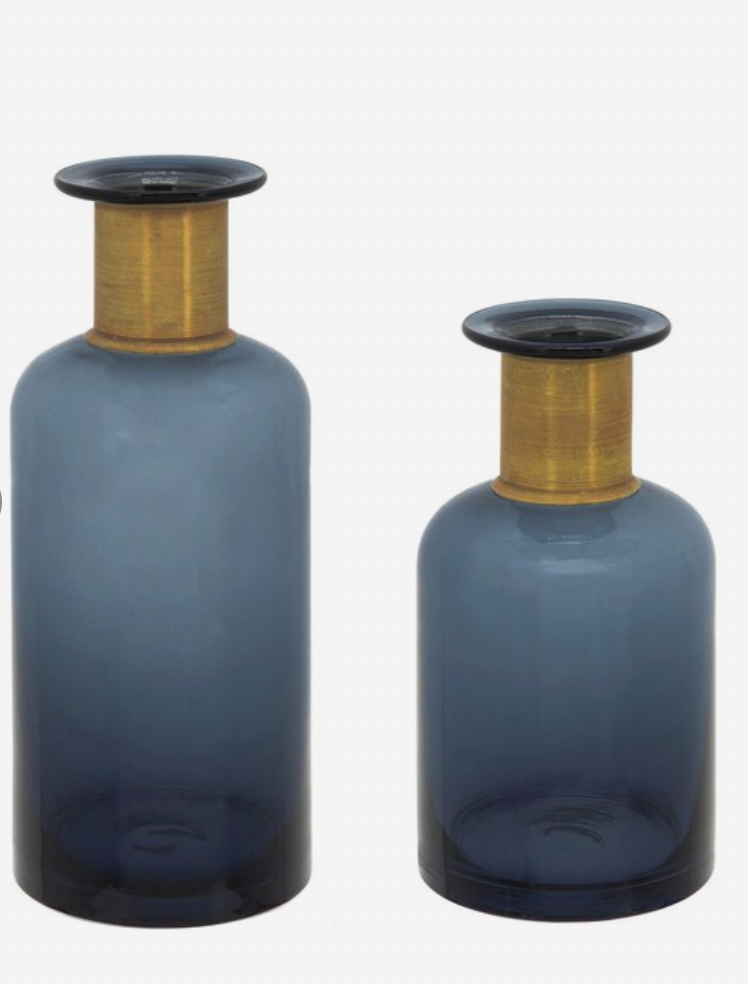 GLASS VASE BLUE W/ GOLD
