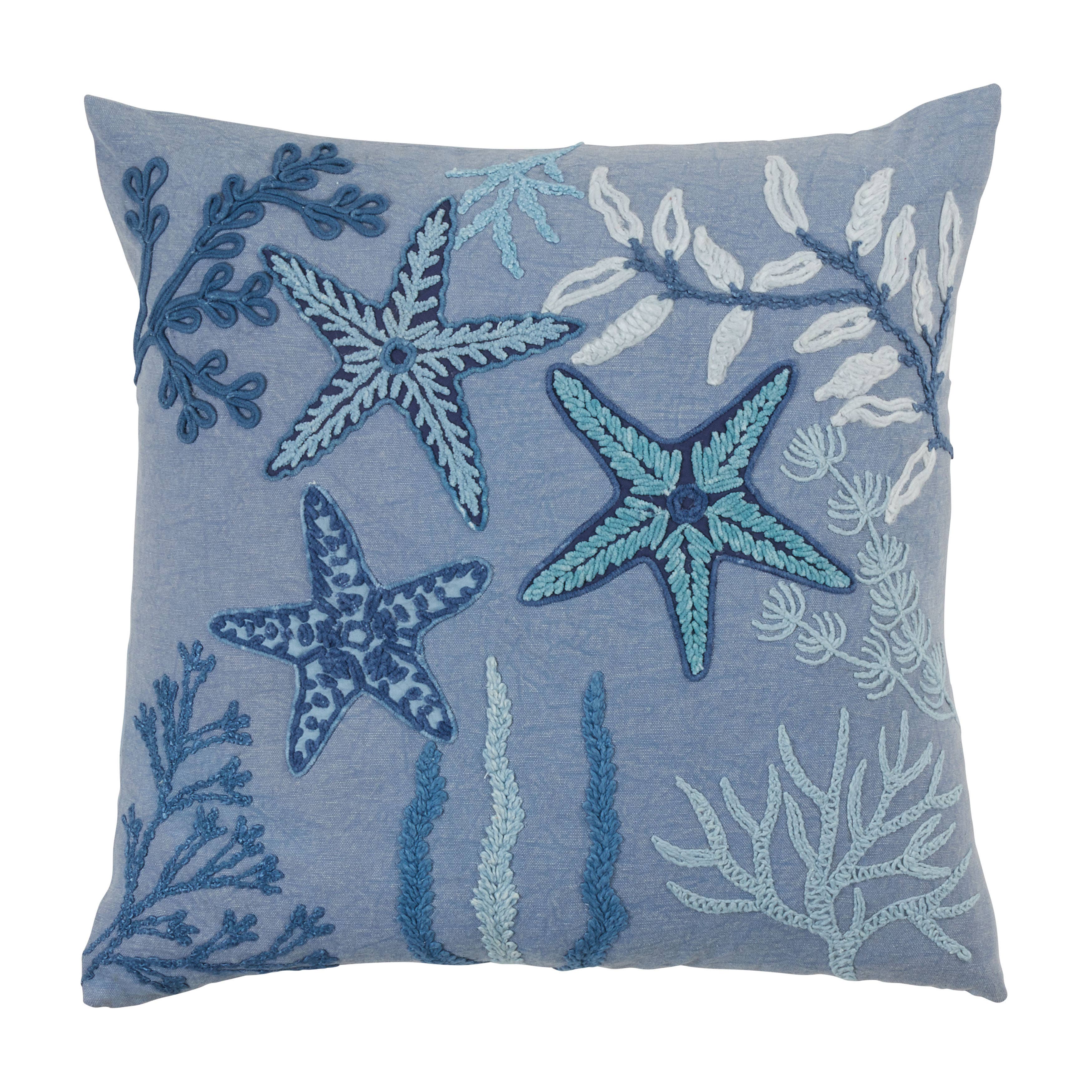 Stonewashed Throw Pillow With Starfish Design: 20" / Blue / Down Filled
