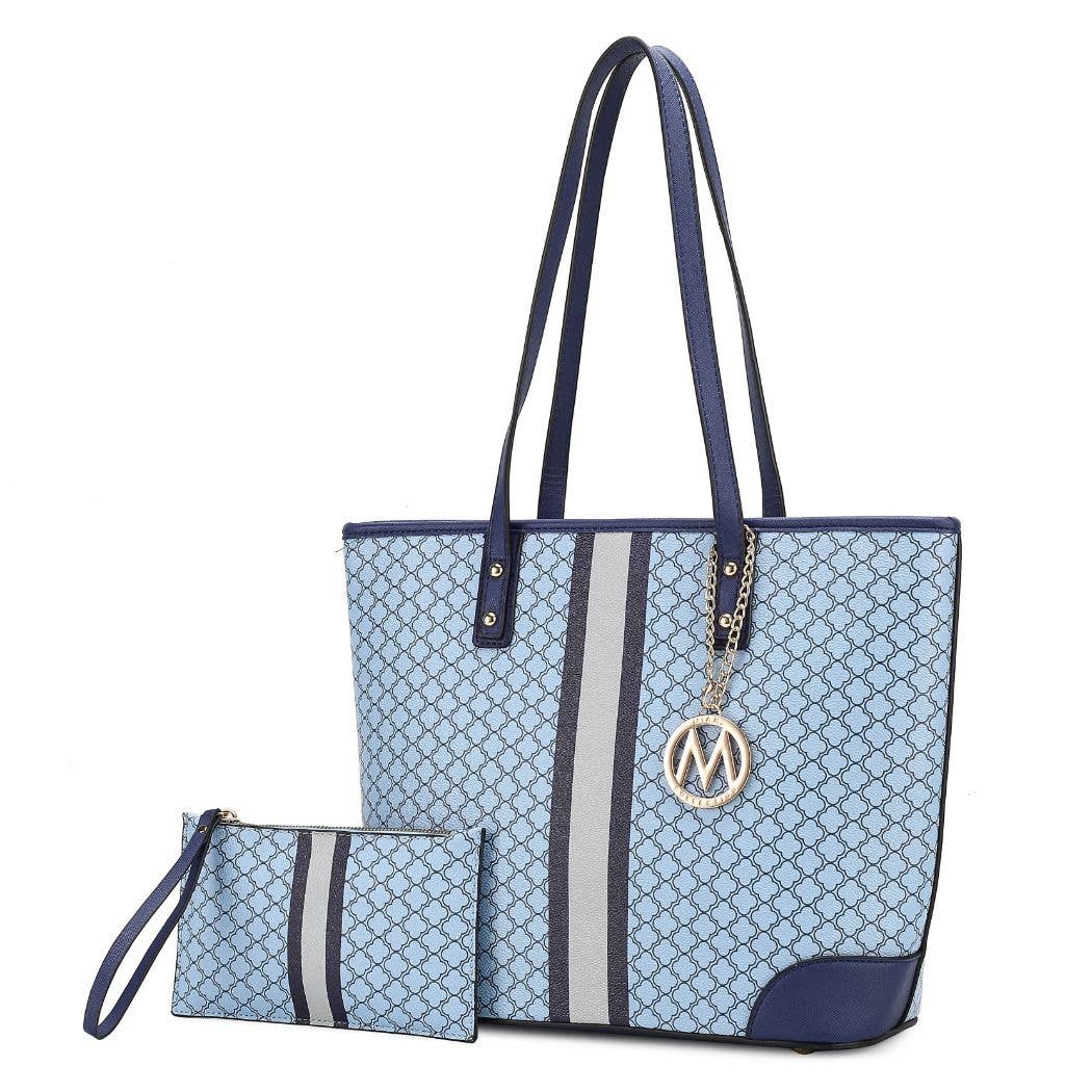 Arya Vegan Leather Women’s Tote Bag with Wristlet Pouch 2 pc: Blue-Navy