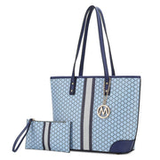 Arya Vegan Leather Women’s Tote Bag with Wristlet Pouch 2 pc: Blue-Navy