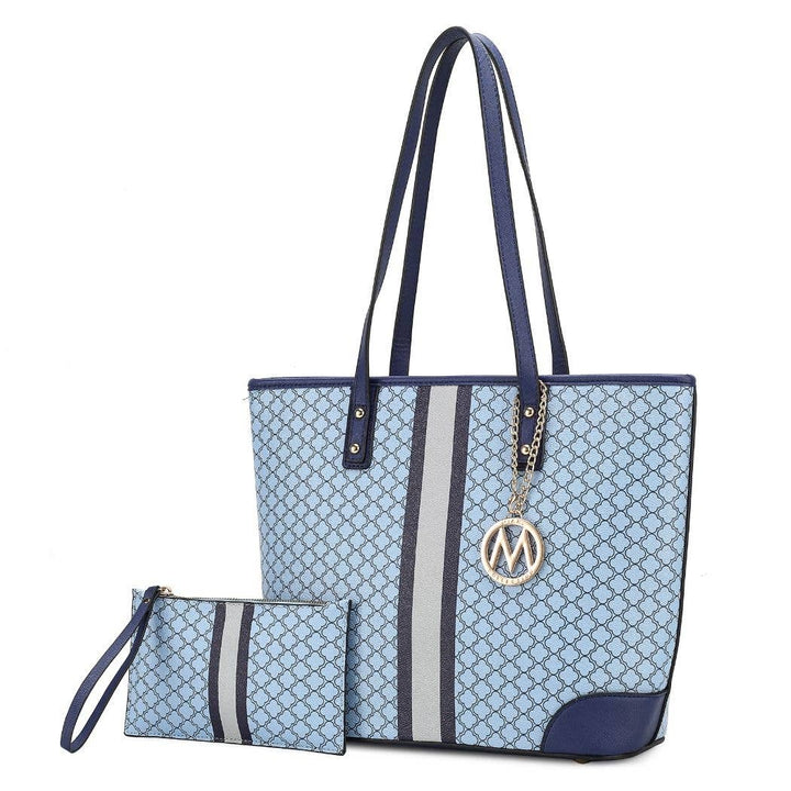 Arya Vegan Leather Women’s Tote Bag with Wristlet Pouch 2 pc: Blue-Navy