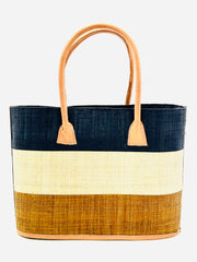 Santorini Color Block Straw Basket Bag Handbag: Small / Tobacco & Black