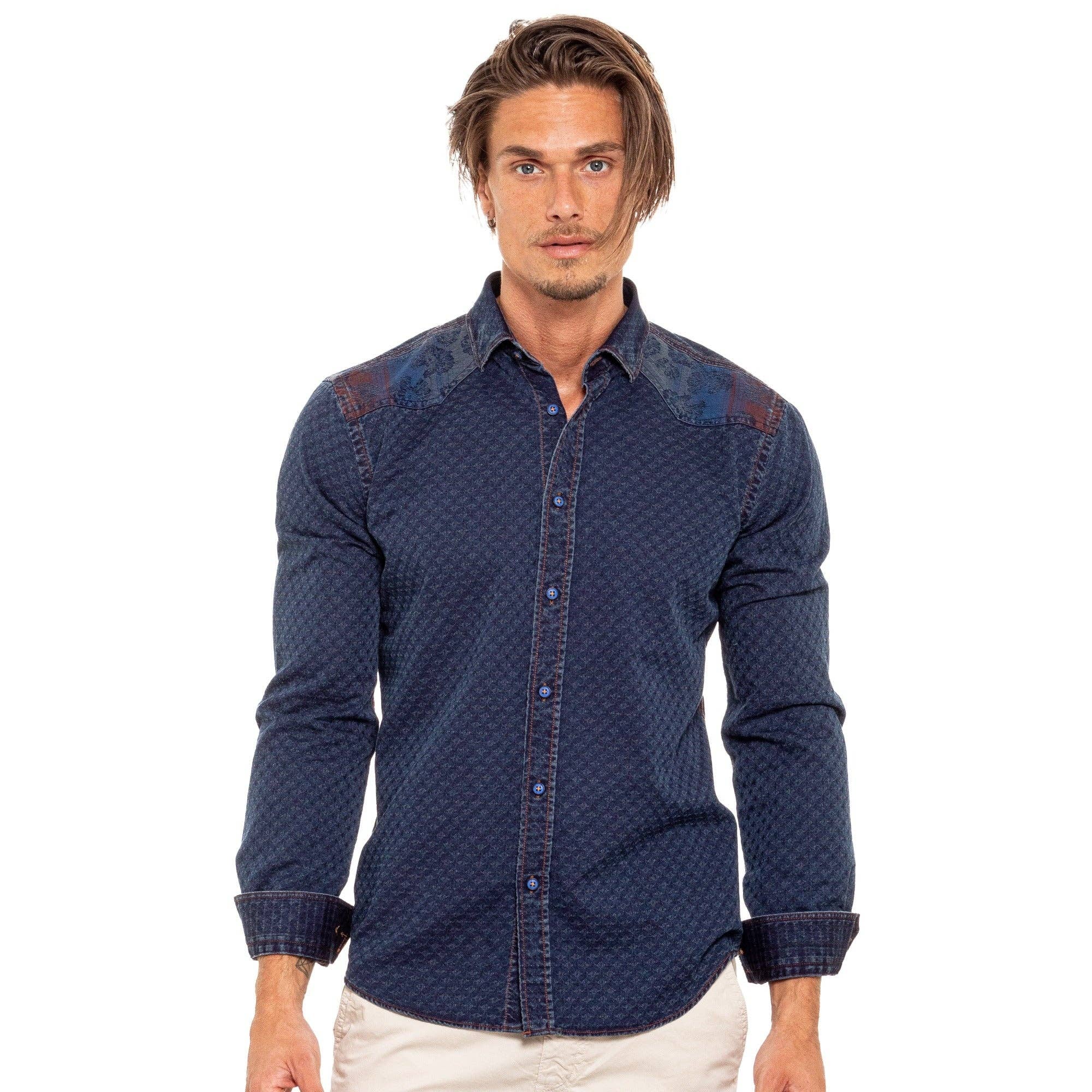 Copper Stitch Denim Jacquard Button Down Shirt - Floral Special: 2XL / NAVY