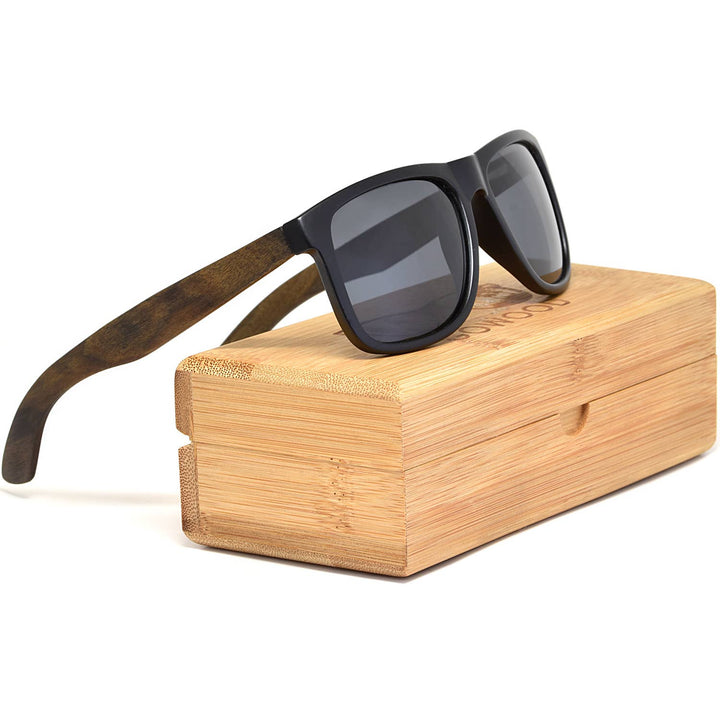 Square Ebony Wood Sunglasses with Black Polarized Lenses