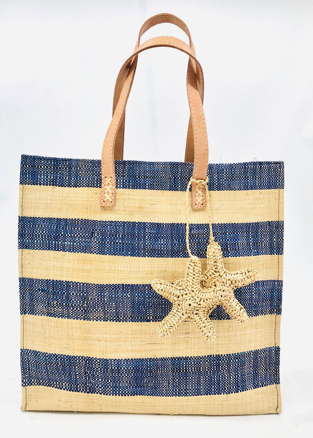 Starfish Straw Bag with Crochet Starfish Charm Embellishment: Blue