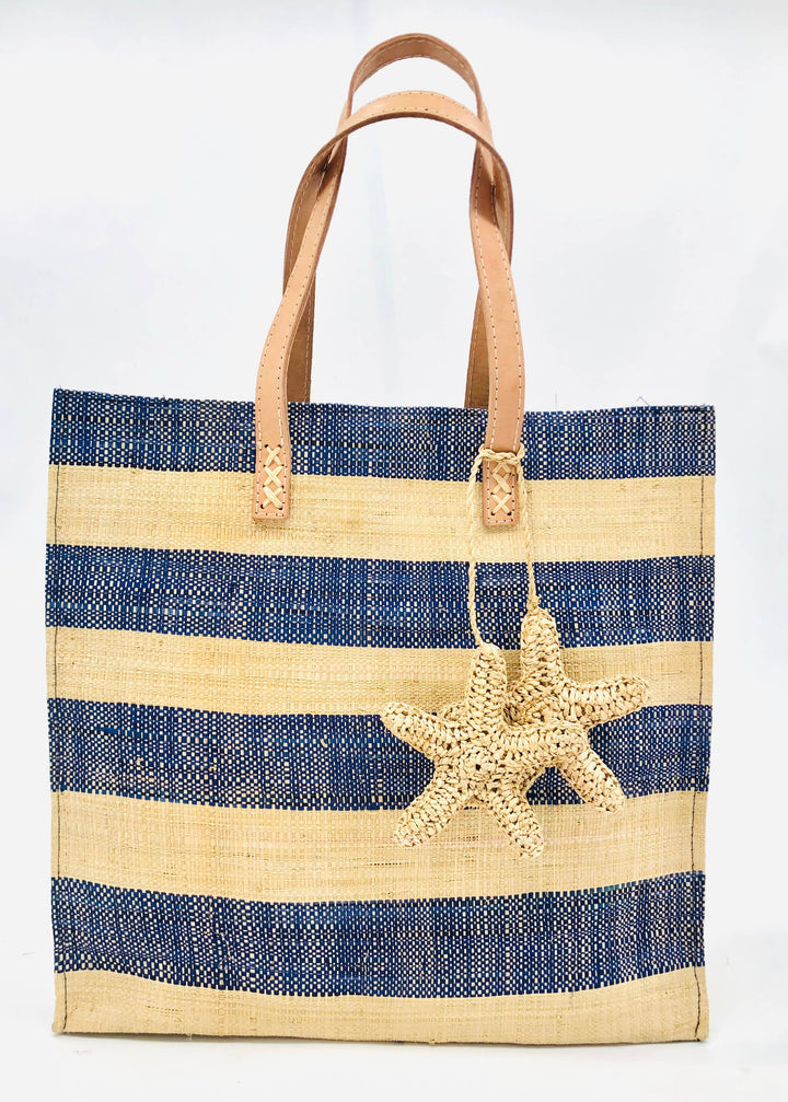 Starfish Straw Bag with Crochet Starfish Charm Embellishment: Blue