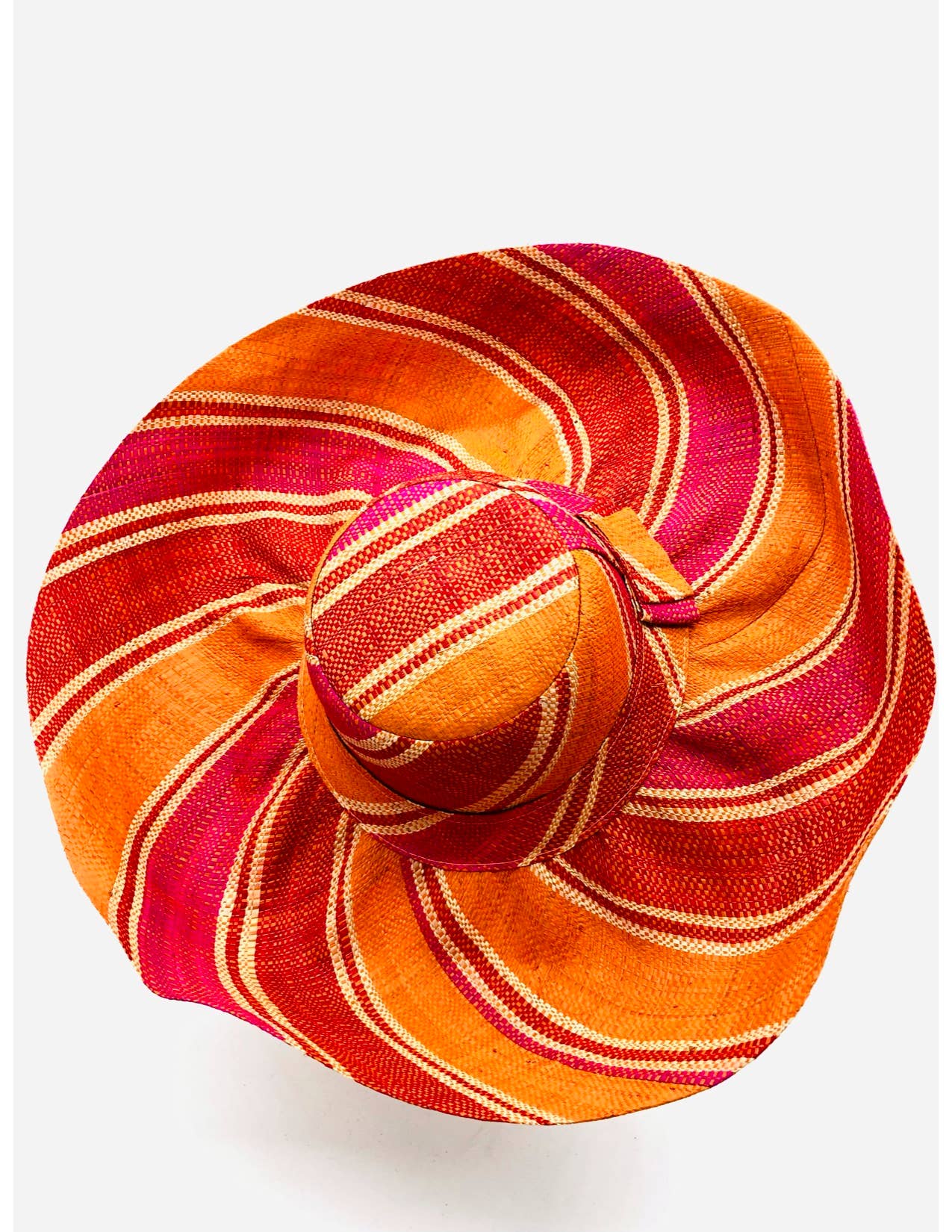 Sun Hats: Colored Stripes Packable 5" & 7" Brim Raffia Straw: 7"Brim / Fuchsia & Coral Swirl