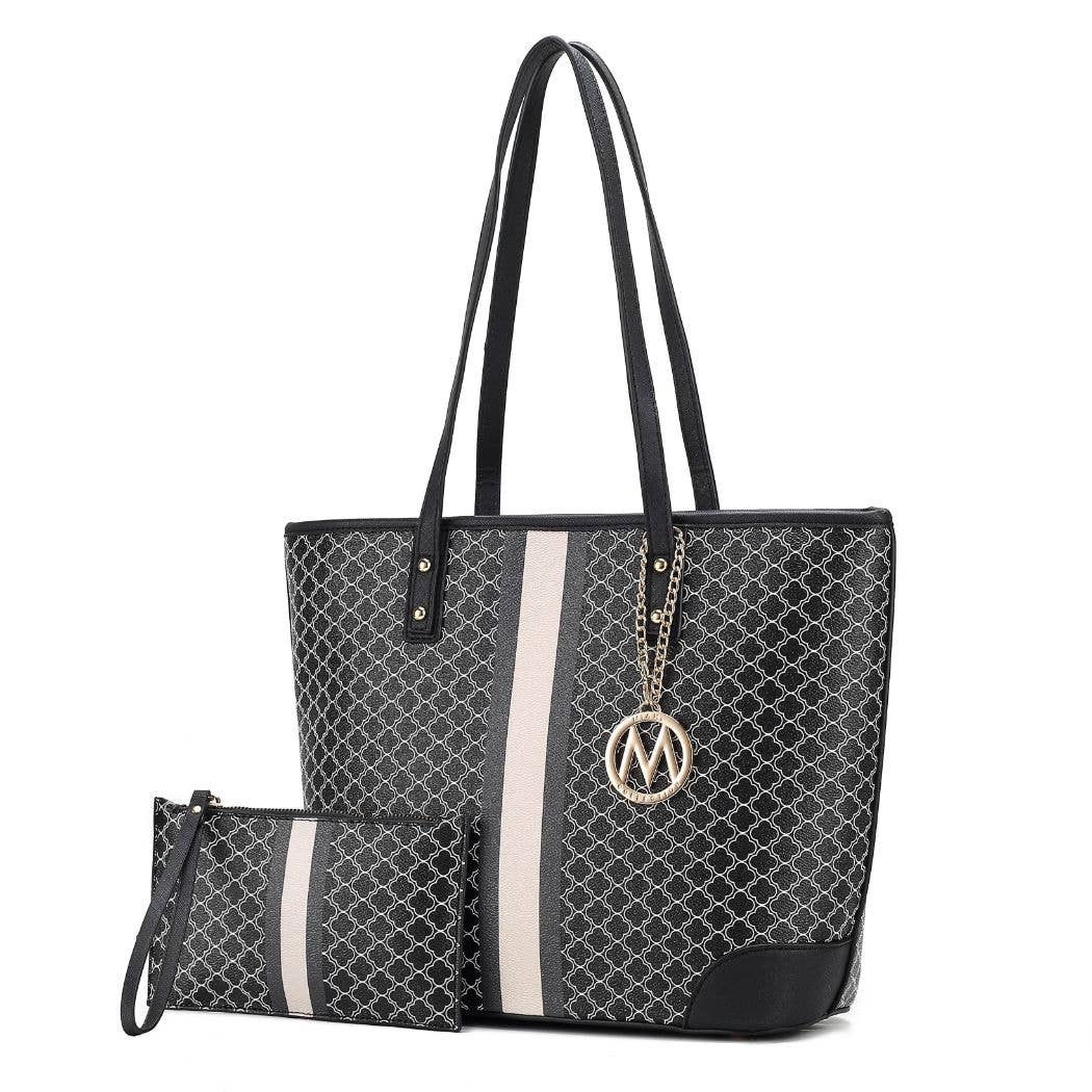 Arya Vegan Leather Women’s Tote Bag with Wristlet Pouch 2 pc: Black-Black