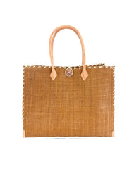 Zafran Solid Straw Beach Bag with Plastic Liner - 2 Sizes: Large / TOBACCO