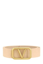METAL V BUCKLE LEATHER BELT: Light beige