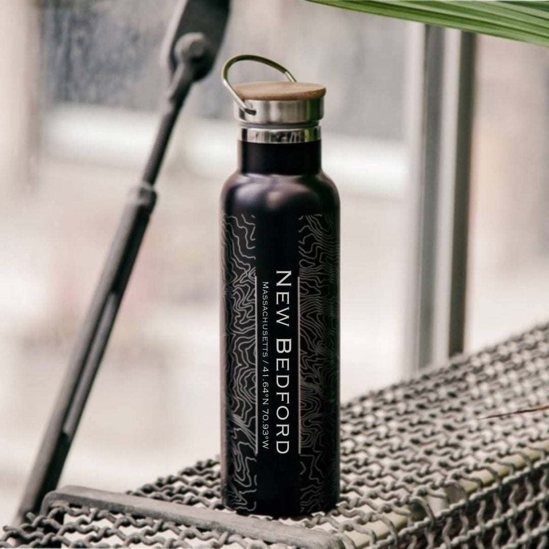 New Bedford MA Map Bottle with Bamboo Top in Matte Black