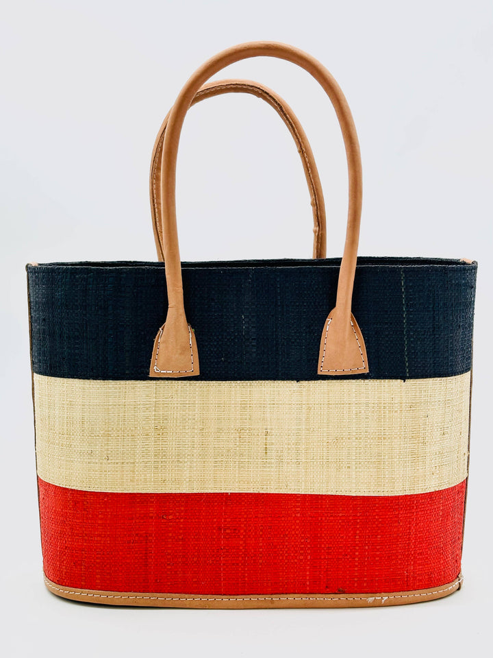 Santorini Color Block Straw Basket Bag Handbag: Small / Black & Coral