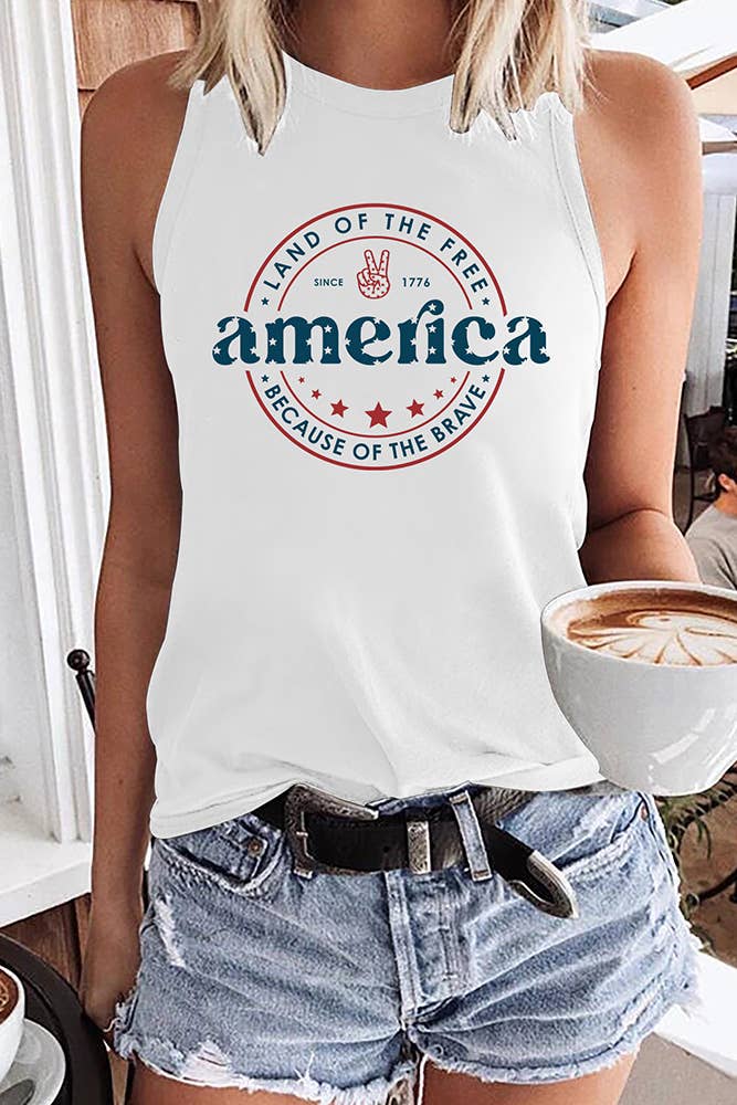 America Letter Print Graphic Tank Top STC125C195: White / M