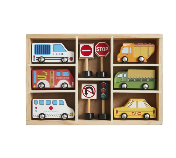 BOXED WOOD CAR SET